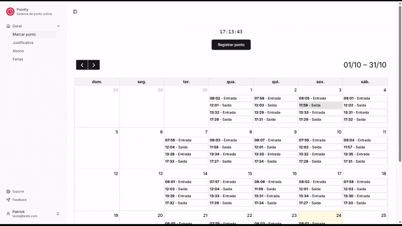 Demonstração do registro de ponto no Pointly